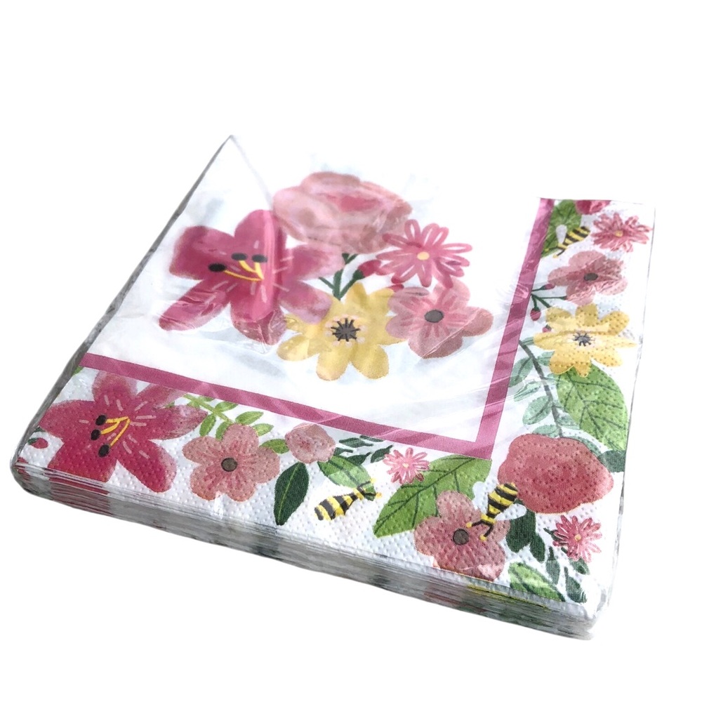 Spring Fling Pink Floral Bee 2-ply Luncheon Napkin, 18 ct